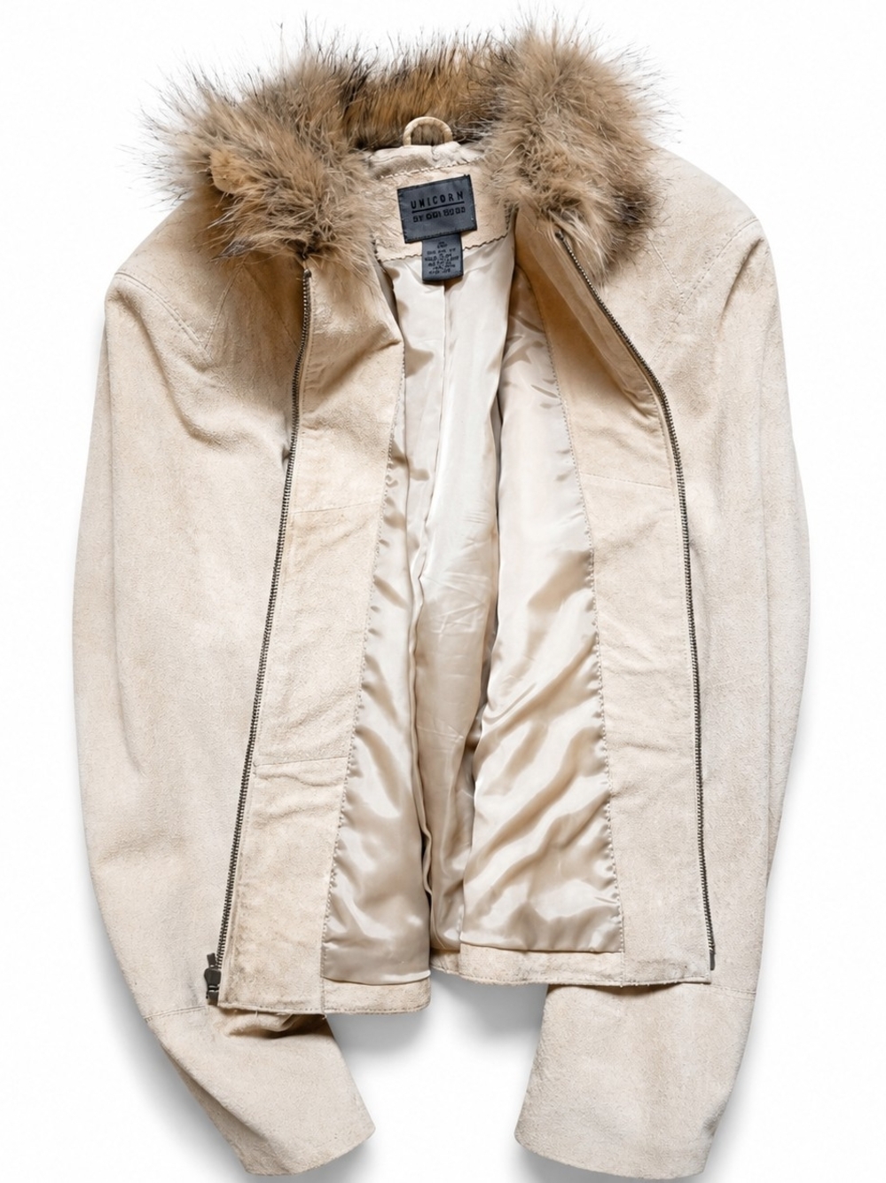 JohnPaulRichard Cream Suede Jacket w/ FurTrim Hood - Medium